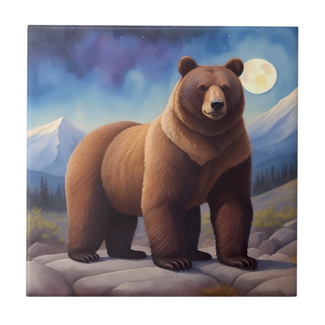 Azulejo De Cerâmica Bear Moonlight Mountain Wild Animal (Frente)