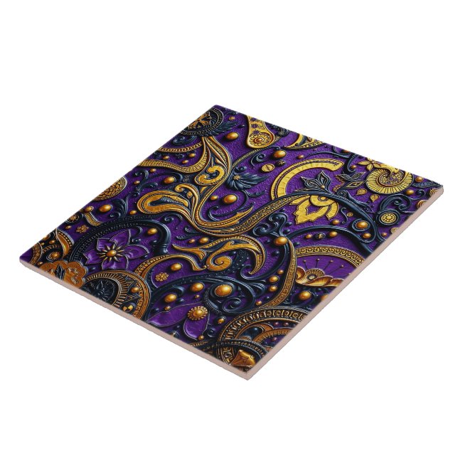Azulejo De Cerâmica Beautiful Purple Black Gold Floral Abstract (Lateral)