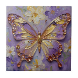 Azulejo De Cerâmica Beautiful Purple Butterfly and Flowers