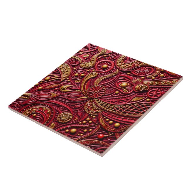 Azulejo De Cerâmica Beautiful Ruby Red & Gold Floral Abstract (Lateral)