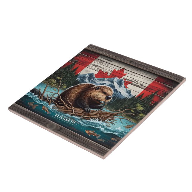 Azulejo De Cerâmica Beaver by Mountain, Bandeira Canadiana (Lateral)