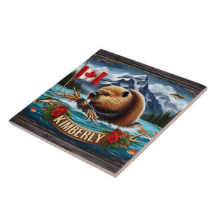 Azulejo De Cerâmica Beaver Canadense Com Bandeira Perto De Kimberly