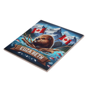 Azulejo De Cerâmica Beaver canadense com sinalizadores em configuração