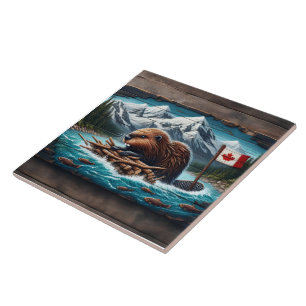 Azulejo De Cerâmica Beaver canadense construindo um lodge