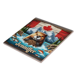 Azulejo De Cerâmica Beaver canadense construindo uma barragem em Mount