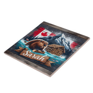 Azulejo De Cerâmica Beaver Canadiano na Água com Toros Perto de Montan
