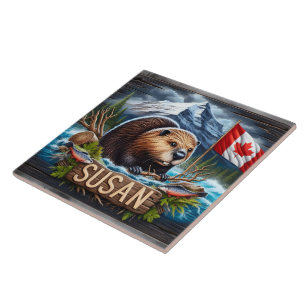 Azulejo De Cerâmica Beaver Canadiano Perto da Água com Bandeira Folha