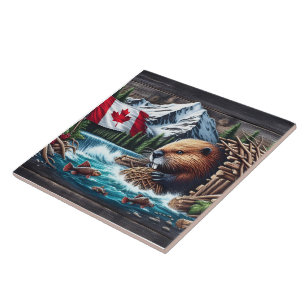 Azulejo De Cerâmica Beaver perto da bandeira canadense e Stream Mounta