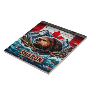 Azulejo De Cerâmica Beaver por Water With Canadian Flag