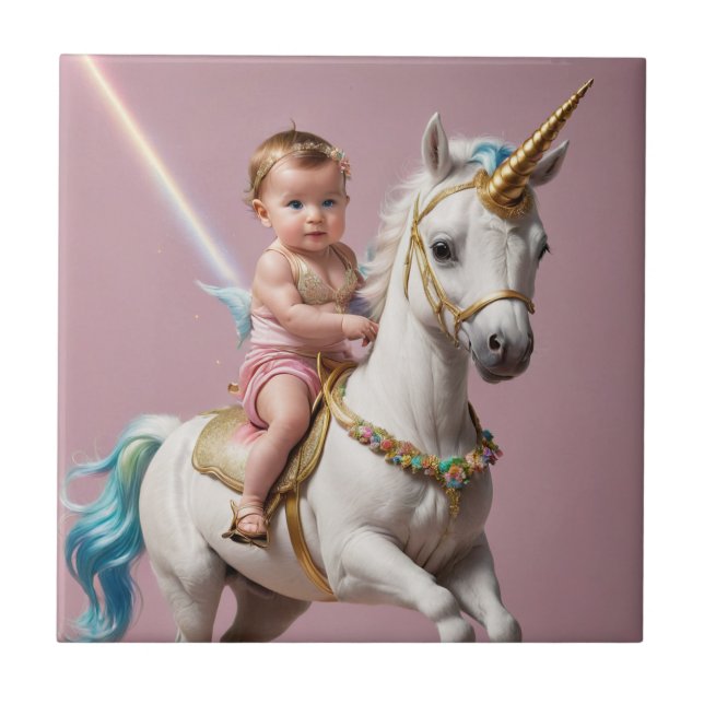 Azulejo De Cerâmica Bebê Andando Um Unicórnio (Frente)