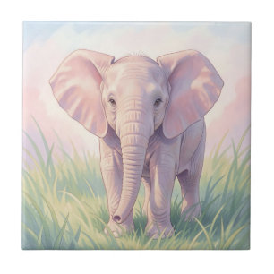 Azulejo De Cerâmica Bebê Elefante Fofo Prado Pastel