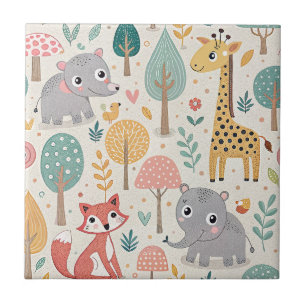 Azulejo De Cerâmica Bebê Elefante, Raposa & Girafa Animais de Desenho