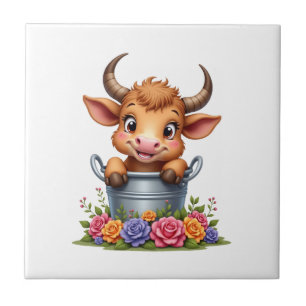 Azulejo De Cerâmica Bebê Fofo Vaca de Highland Com flores Bezerro Anim