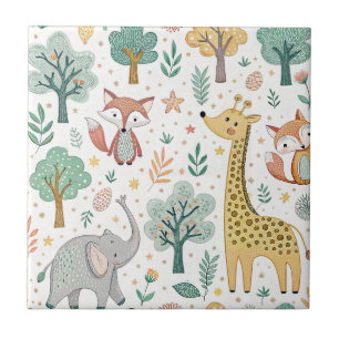 Azulejo De Cerâmica Bebê Girafa, Raposa & Elefante Animais de Desenho