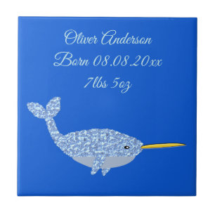 Azulejo De Cerâmica Bebê Narval Menino Azul Fofo Personalizado Nascime