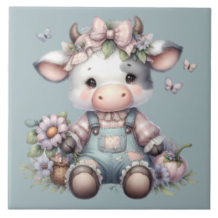 Azulejo De Cerâmica Bebê Vaca Fofo com Macacão e Flores em Tons Pastéi