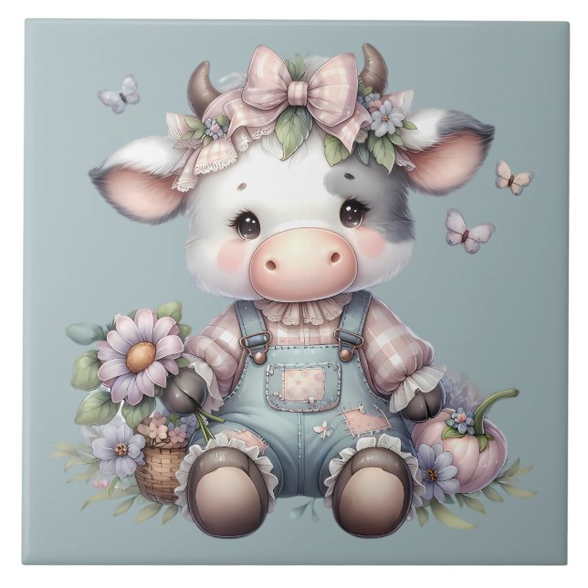 Azulejo De Cerâmica Bebê Vaca Fofo com Macacão e Flores em Tons Pastéi (Frente)
