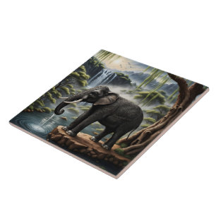 Azulejo De Cerâmica Bebendo de elefante majestoso na queda de água do 