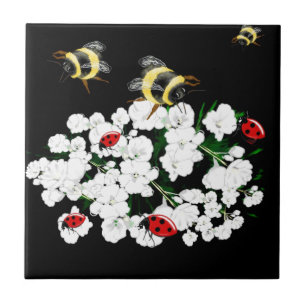 Azulejo De Cerâmica Bebês-frade e flores brancas em preto