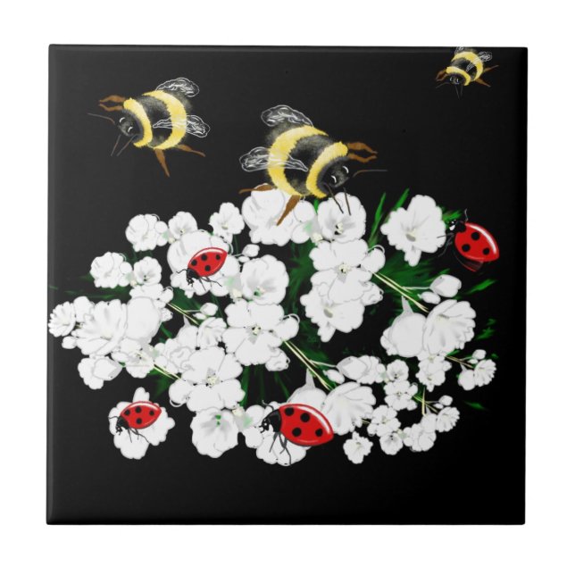 Azulejo De Cerâmica Bebês-frade e flores brancas em preto (Frente)