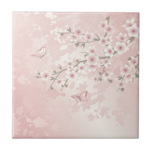 Azulejo De Cerâmica Bege Rosado Vintage Flor de Cerejeira