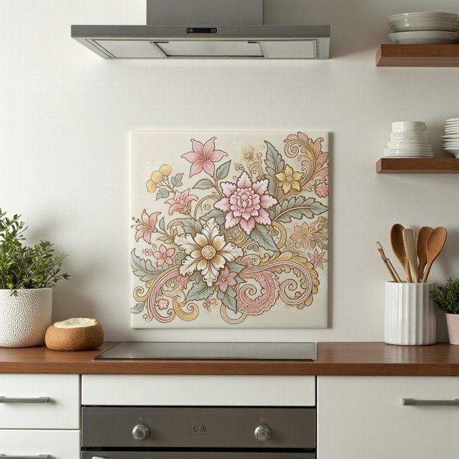 Azulejo De Cerâmica Beige Amarelo Amarelo Boho Indonésio Batik (Beige Pink Yellow Boho Indonesian Batik Ceramic Tile)