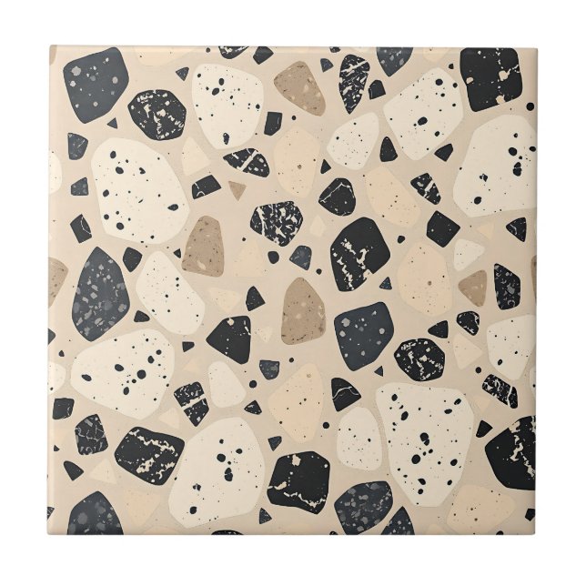Azulejo De Cerâmica Beige Black Terrazzo Pattern Neutral Abstract  (Frente)