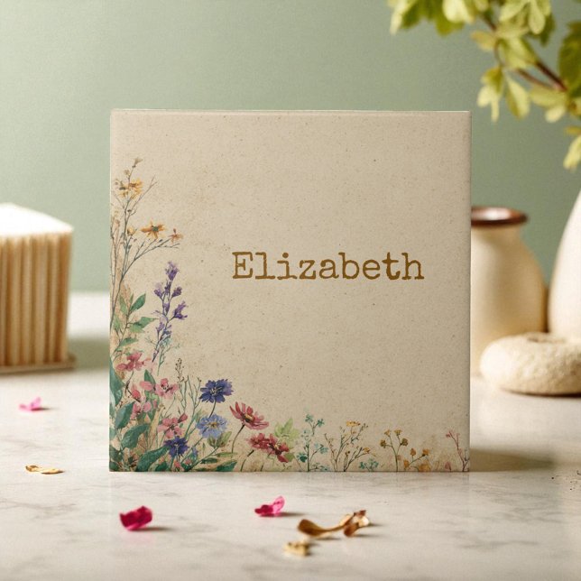 Azulejo De Cerâmica Beige Border Rustic Boho Wildflower (Beige Border Rustic Boho Wildflower Ceramic Tile)