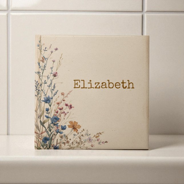 Azulejo De Cerâmica Beige Border Rustic Boho Wildflower (Beige Border Rustic Boho Wildflower Ceramic Tile)