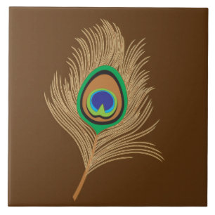 Azulejo De Cerâmica Beige Peacock Feather on Chocolate Brown