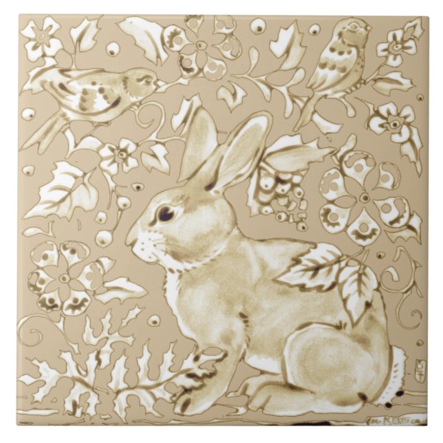 Azulejo De Cerâmica Beige Tan Ivory Bunny Rabbit Bird Folha Floral (Frente)