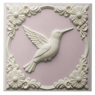 Azulejo De Cerâmica Beija-flor Art Nouveau rosa pastel em relevo falso