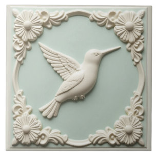 Azulejo De Cerâmica Beija-flor Art Nouveau verde menta em falso relevo