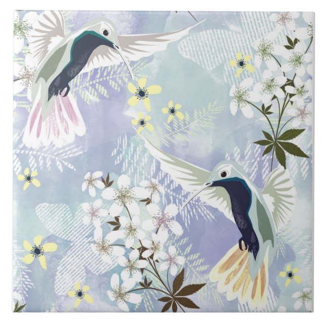 Azulejo De Cerâmica Beija-flor e flores brancas (Frente)