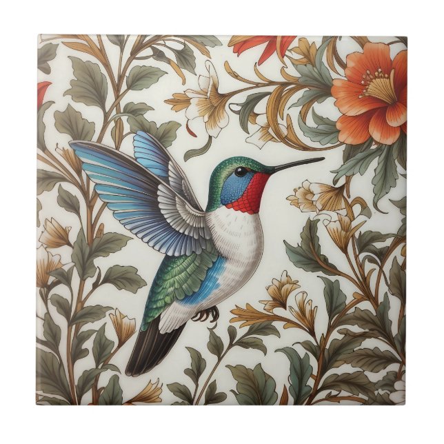 Azulejo De Cerâmica Beija-flor Voador Inspirado em William Morris (Frente)
