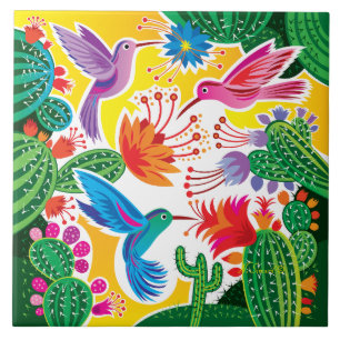 Azulejo De Cerâmica Beija-flores e Cactos Floridos