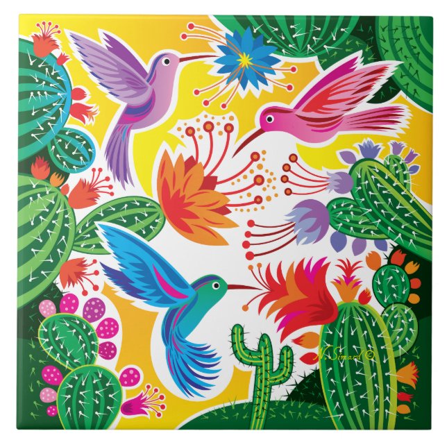 Azulejo De Cerâmica Beija-flores e Cactos Floridos (Frente)