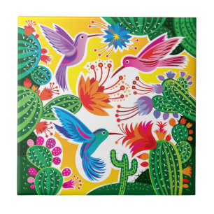 Azulejo De Cerâmica Beija-flores e Cactos Floridos