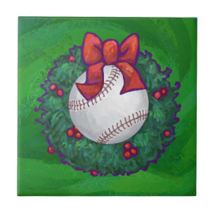 Azulejo De Cerâmica Beisebol na Wreath de Natal