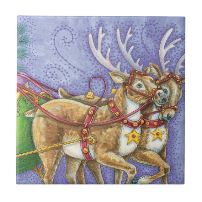 Azulejo De Cerâmica Bela Cartoon Natal Papai Noel Sleigh Reindeer (Frente)