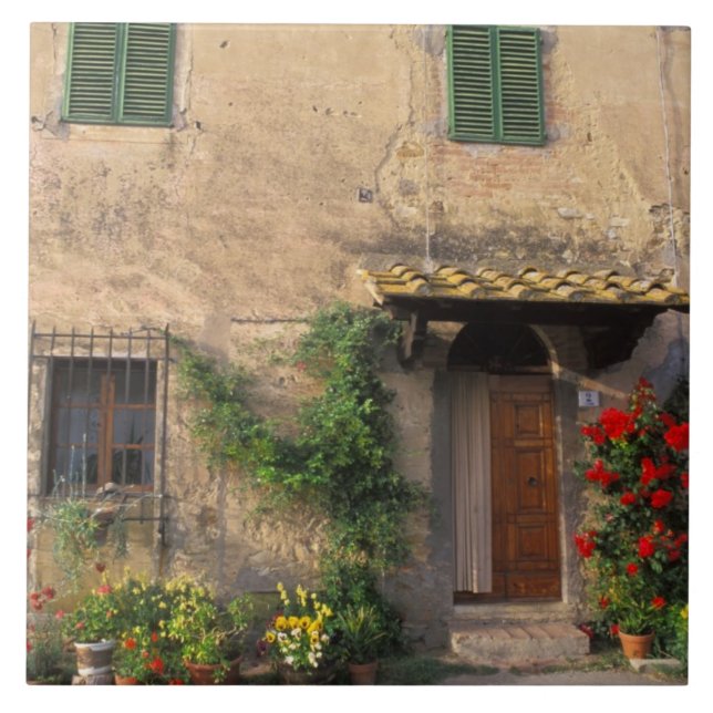 Azulejo De Cerâmica Bela casa antiga com flores em San Gimignano (Frente)