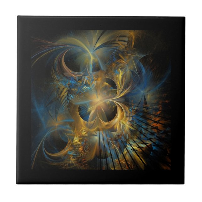 Azulejo De Cerâmica Bela Fractal Azul e Dourada (Frente)