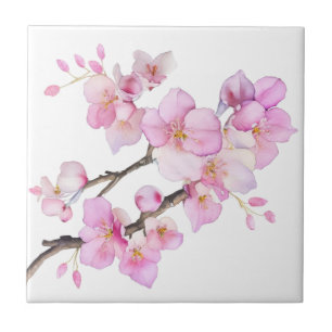 Azulejo De Cerâmica Belas flores de cerejeira em aquarela rosa