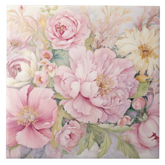 Azulejo De Cerâmica Belas peônias rosa (Frente)