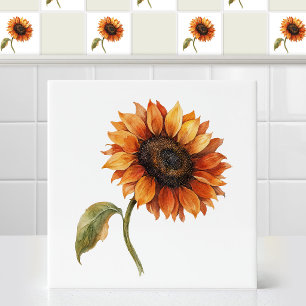 Azulejo De Cerâmica Beleza Outonal em Aquarela Flor de Girassol Laranj