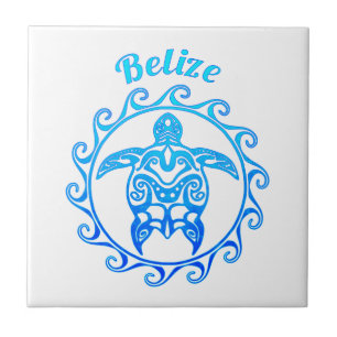 Azulejo De Cerâmica Belize de Tartaruga Tribal do Oceano Azul