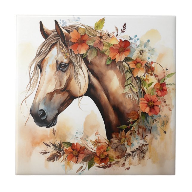 Azulejo De Cerâmica Belo Cavalo com Bonito Flor Aquarela (Frente)