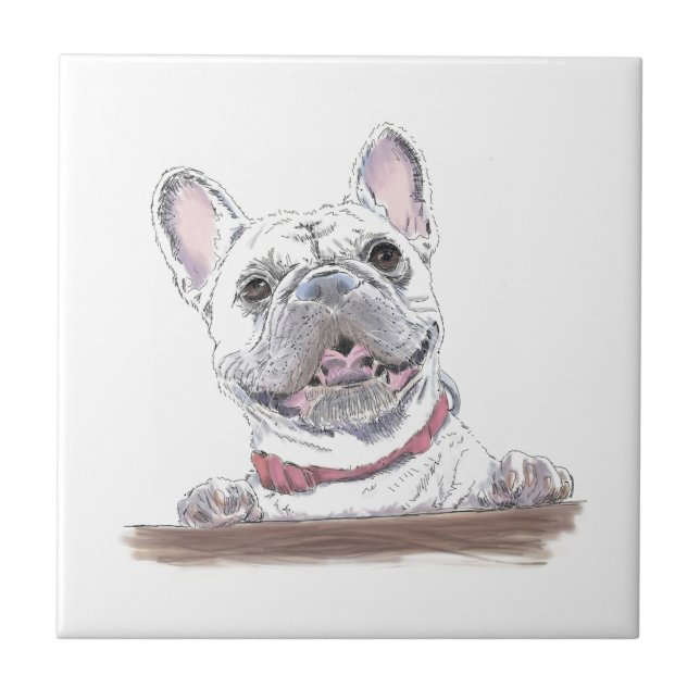Azulejo De Cerâmica Belo Desenho Feliz do Bulldog Francês | Recebeu Tr (Frente)