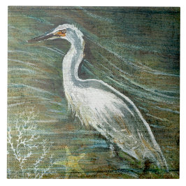 Azulejo De Cerâmica Belo Egret Shorebird Descendo Na Arte Da Água