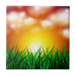 Azulejo De Cerâmica Belo nascer do sol sobre um campo de grama